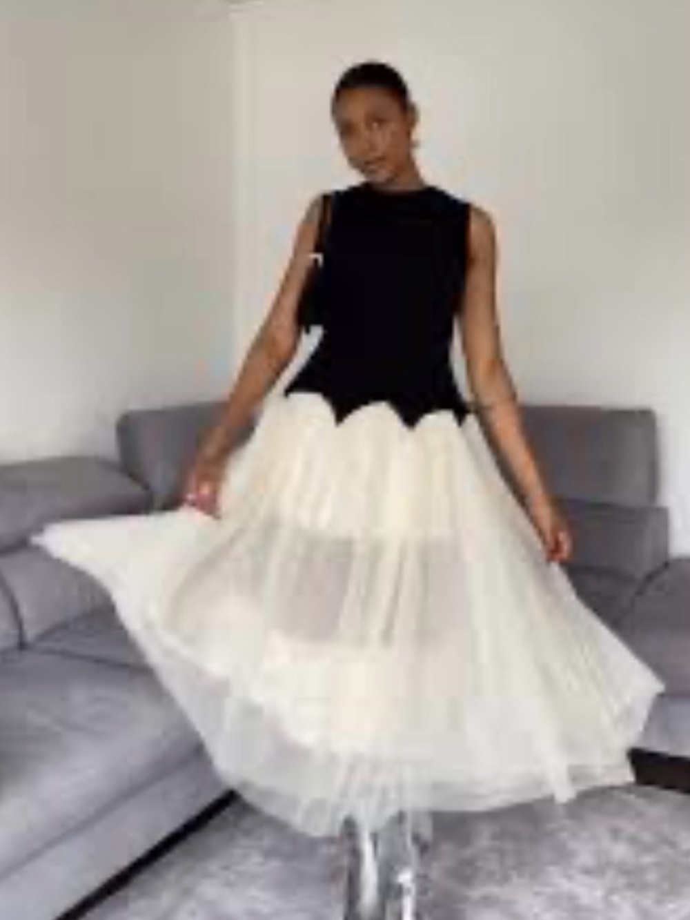 Commense XL Black Cream Tulle Bubble Hem Midi Dress Balletcore